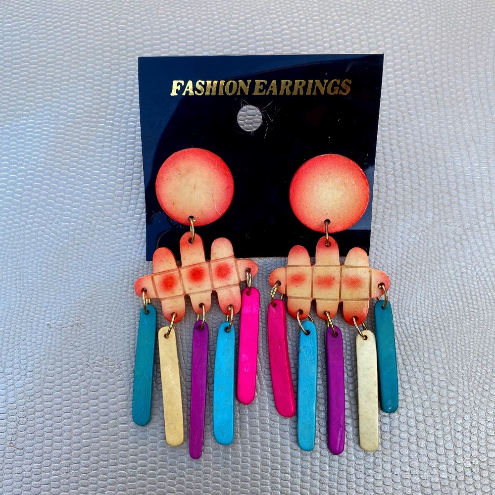 Unique Vintage 80's Colorful Wood Post Back Dangle Earrings Deadstock
